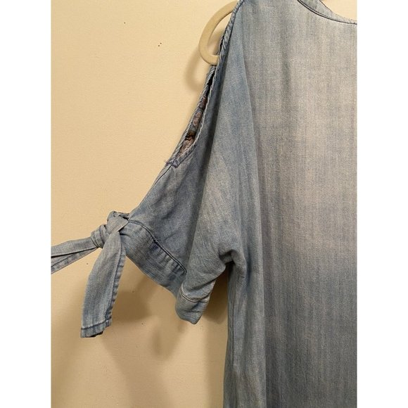 BLUE RAIN Dress Sand Washed Look Chambray Embroidered Cold Shoulder Pockets Med - Picture 4 of 12